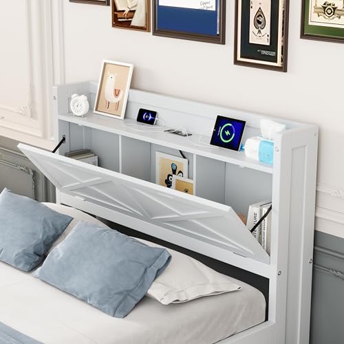 Harper & Bright Designs Twin Size Captain Platform Bed with Bookcase Headboard, Wood Twin Bed Frame with Storage Drawers and Shelves