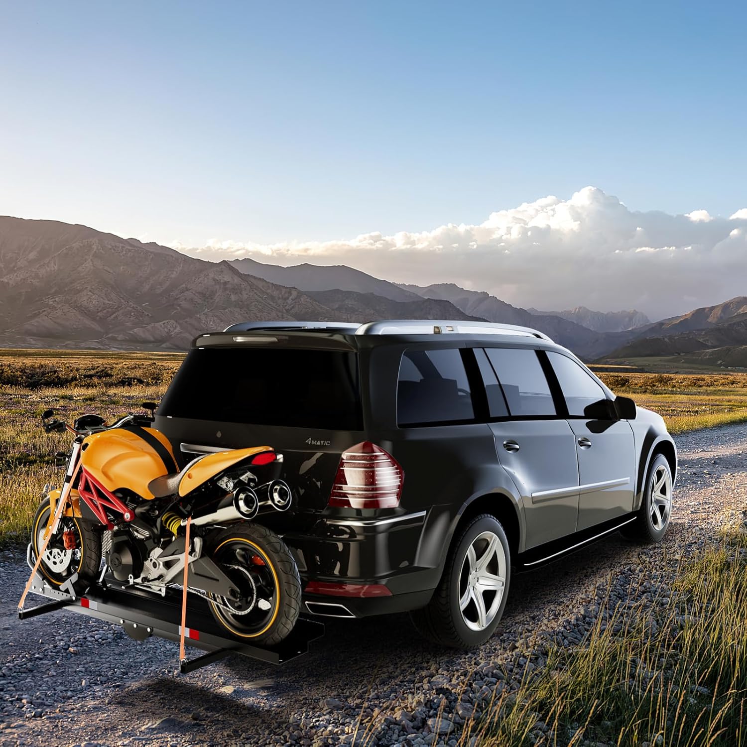 IRONMAX 600LBS Motorcycle Carrier, Heavy Duty Steel Hitch Mount Rack Hauler with Loading Ramp, Wheel Chock & 2 Straps