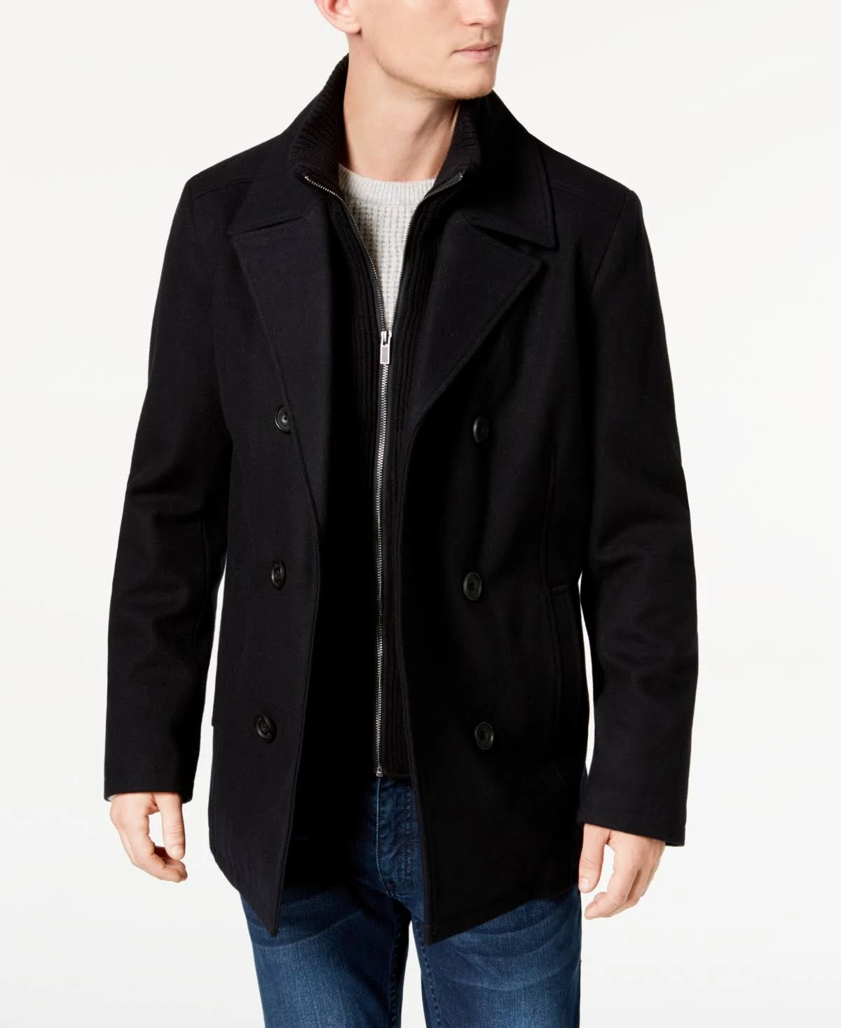 Kenneth Cole Men&s Double Breasted Wool Blend Peacoat with Bib - Blue