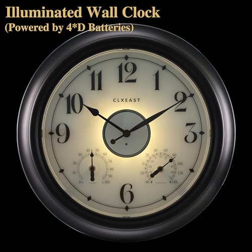 Illuminated Outdoor Clocks Waterproof 18 inch with Smart Sensor,Large Outdoor Clock with Thermometer & Hygrometer for Garden Patio Pool