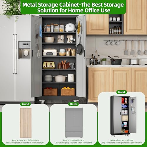 71" Metal Storage Cabinet with Wheels and Pegboard, Lockable Rolling Steel Storage Cabinet with 5 Adjustable Shelves and Door for Garage, Office