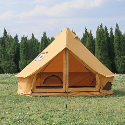 Cotton Canvas Bell Tent with Stove Jack, Roomy Yurt for Family Glamping Camping, 4 Season Tent with Zipped Removable Floor