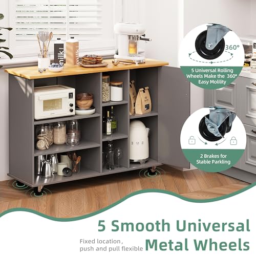 Shintenchi Rolling Kitchen Island Cart with Folding Drop Leaf Breakfast Bar, Portable Trolley Island with Large Storage Cabinet, Shelf and Drawer