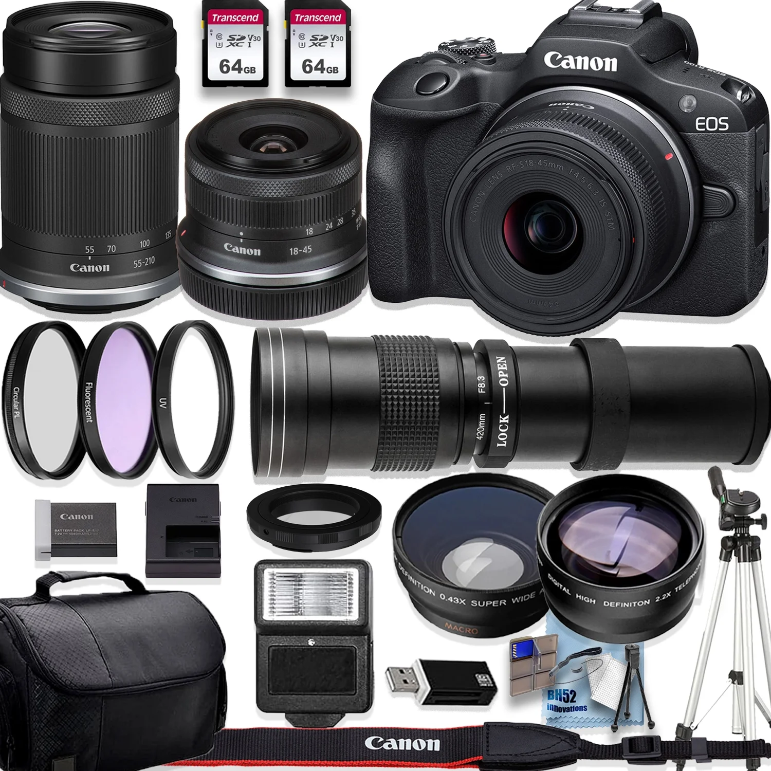 Canon EOS R100 4K Video Recording Mirrorless Camera with 18-45mm and Canon RF-S 55-210mm f/5-7.1 IS STM+420-800mm f/8.3 HD Telephoto Zoom Lenses + 2