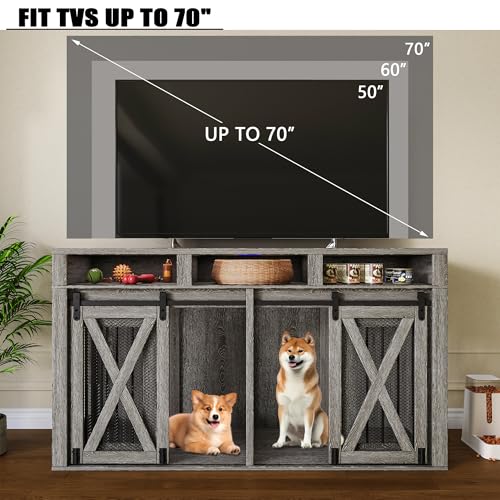 63" Large Dog Crate Furniture for 2 Dogs, Farmhouse Style Dog Cage TV Stand with Sliding Door