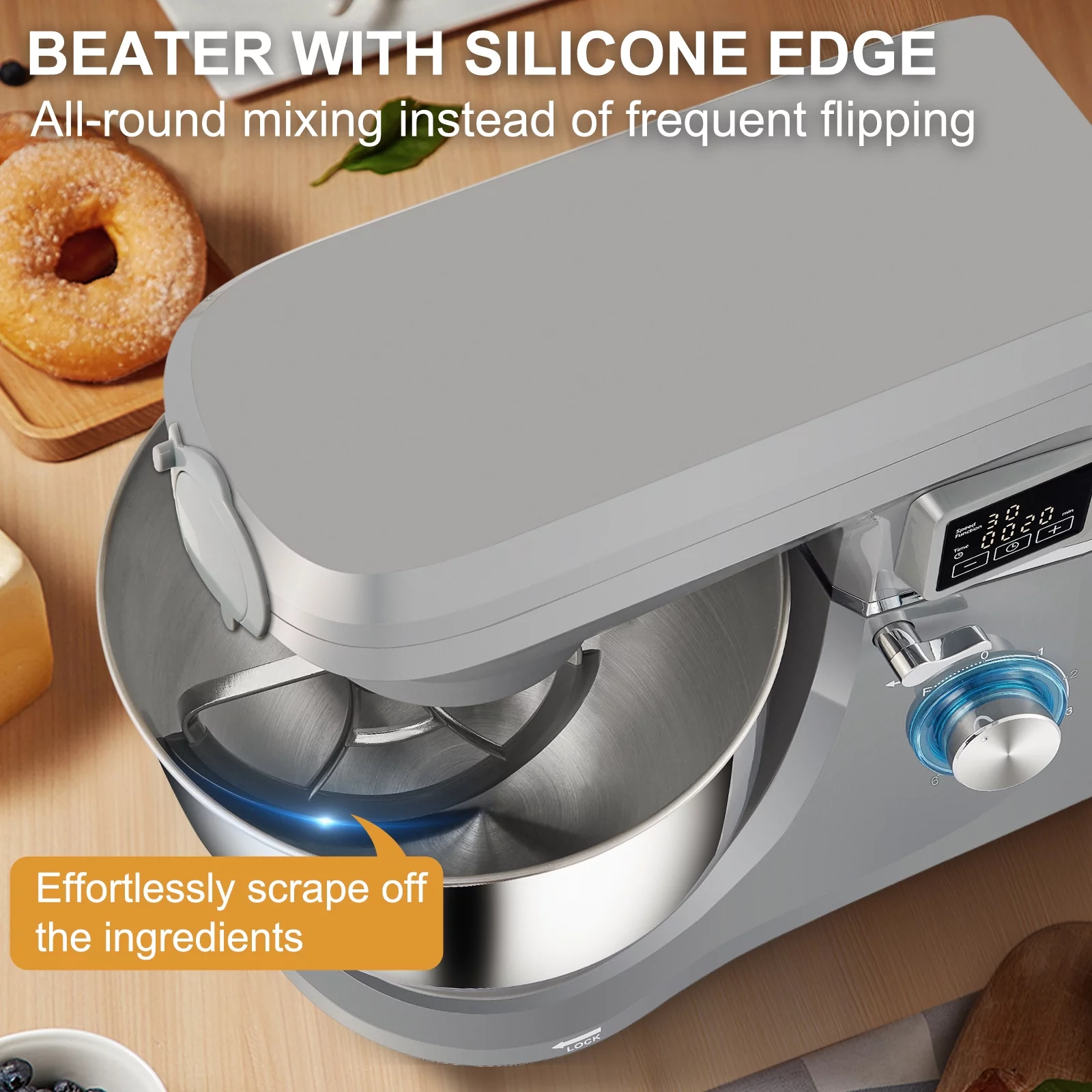 BENTISM Stand Mixer 7.4Qt LCD Screen Timing 6-Speed Dough Mixer w/ Grinder Juicer