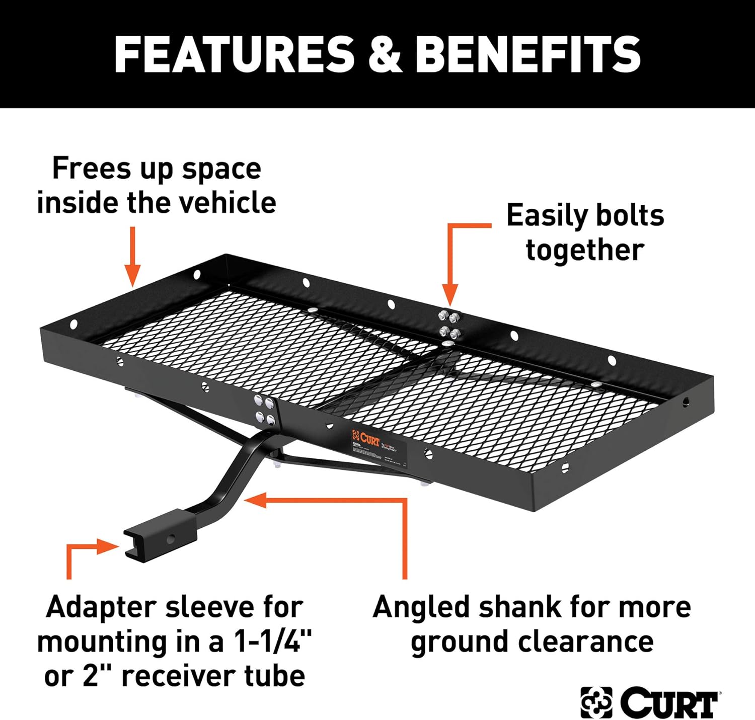 CURT 18110 48 x 20-Inch Tray Hitch Cargo Carrier, 300 lbs Capacity, 1-1/4, 2-In Adapter Shank