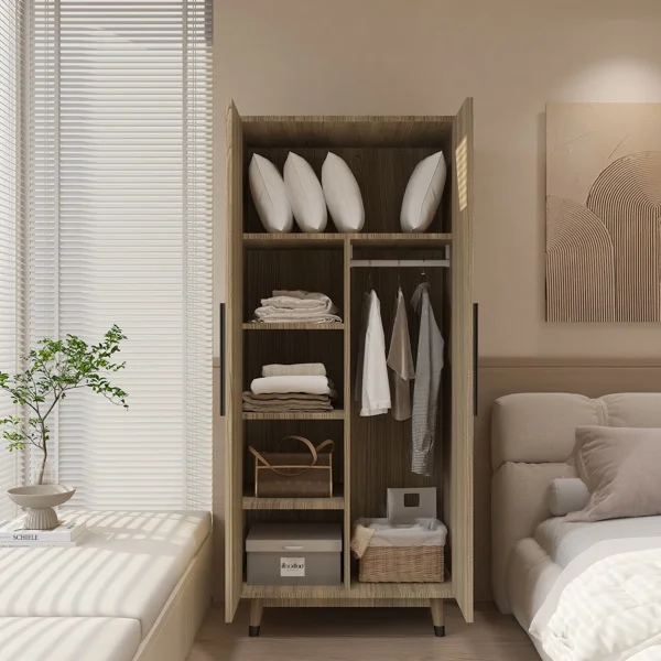 SYTHERS 31.5"L x20.5"W x70.9"H 2 Doors Wardrobe Closet & Cabinet, Functional Clothes Storage with Hanging Rail for Bedroom, Oak Color
