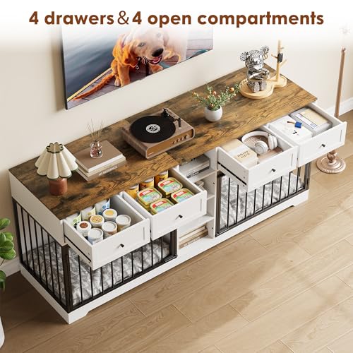 GarveeHome 82” Double Dog Crate Furniture, Large Dog Kennel Indoor for 2 Dogs, Heavy Duty Wooden Dog Crate TV Stand with 4 Drawers and Shelves, White