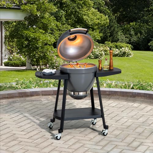 Sunjoy Charcoal Grill 20-Inch Kamado Grill with Pizza Stone, Ultimate Outdoor BBQ Egg Grill and Smoker with Wheels, Navy