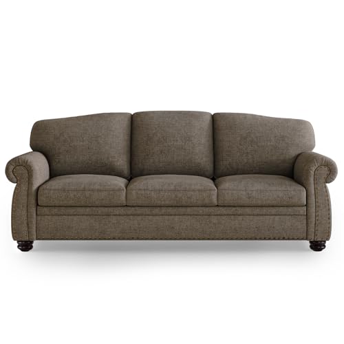 90 Inch Nailhead Trim Couch for Living Room, 23 Inch Deep Seat Rolled Arm Sofa, Comfy Upholstered 3 Seater Chenille Couch w/Wooden Leg