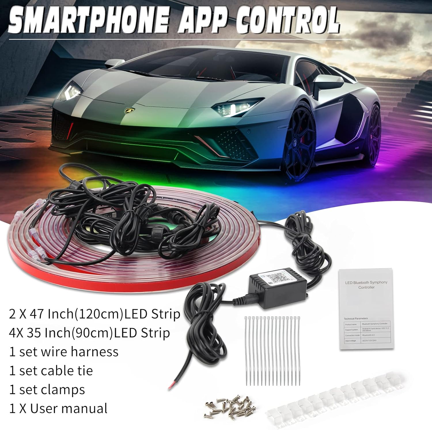 OPPBUY Car Underglow Lights,6PCS Dimmable RGB Underbody Exterior Car Strip Lights with APP Control,16 Million DIY Colors,210 Chasing Color,Music Mode