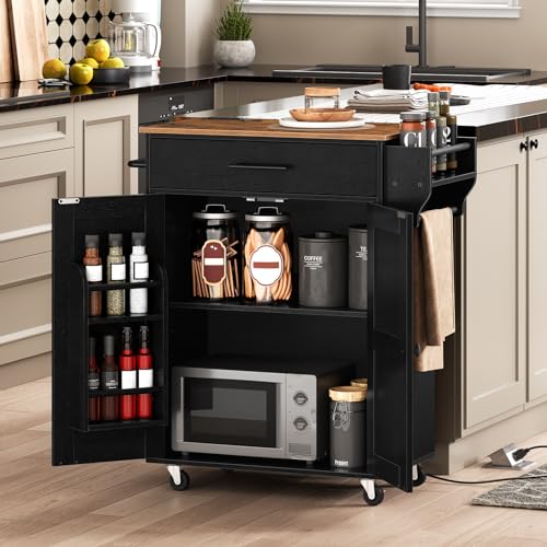 HOOBRO Kitchen Island with Power Outlet, Kitchen Island Storage Island with Large Worktop, Spice Rack and Drawer, Rolling Kitchen Cart on Wheels