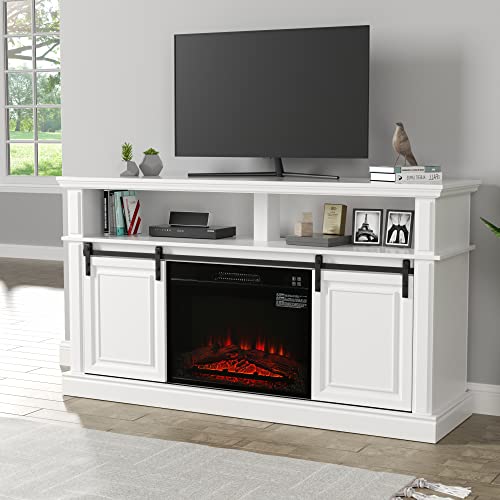 LGHM Fireplace Entertainment Center, White TV Stand for 65 inch with 23'' Electric Fireplace, Highboy Farmhouse Cabinet Sliding Barn Door