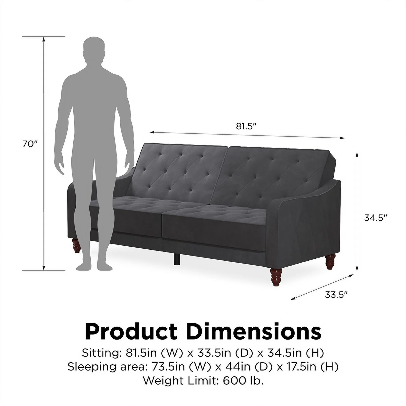 Pemberly Row Contemporary Vintage Tufted Split Back Futon in Grey Velvet
