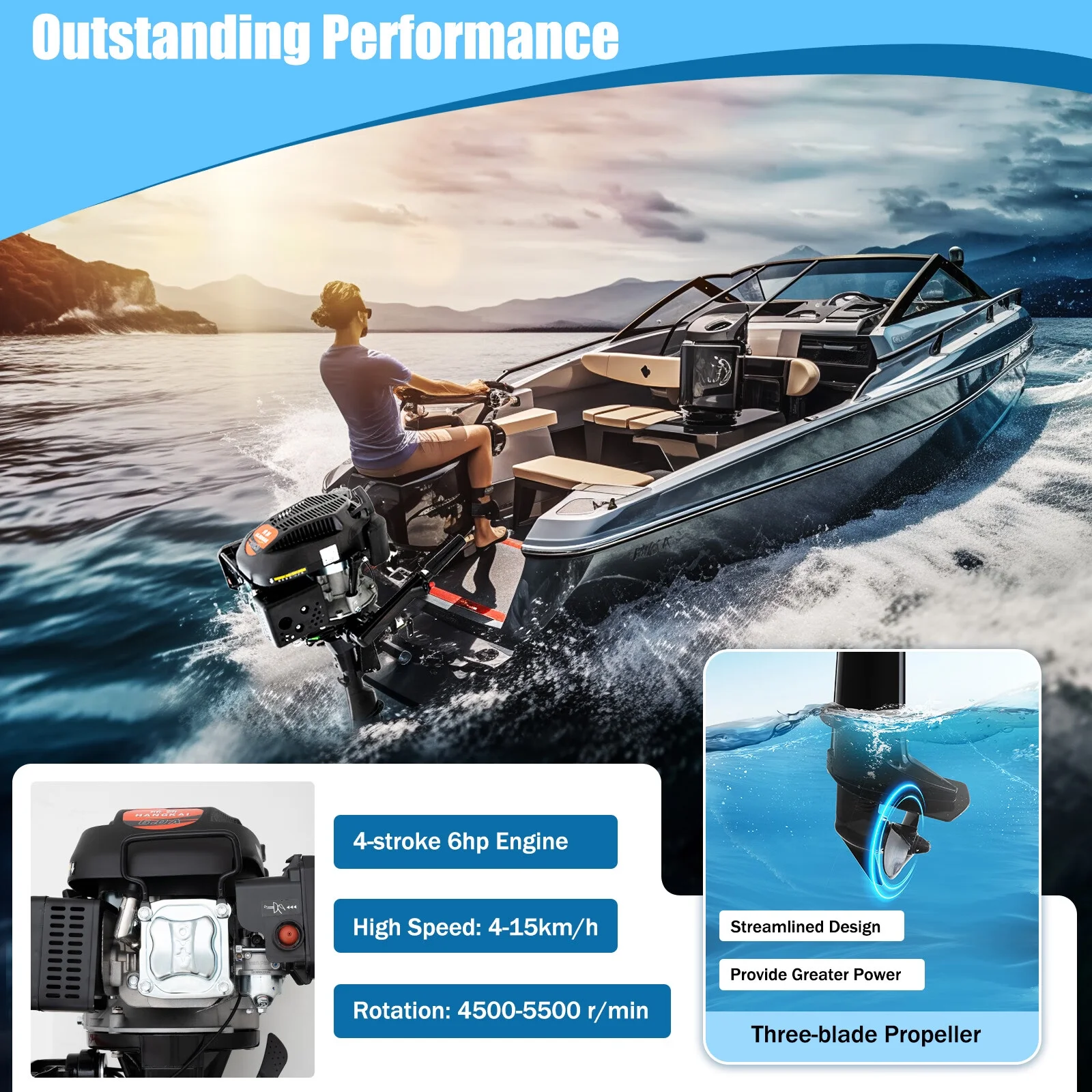 Loyalheartdy 6 HP 4 Stroke Outboard Motor 3.75KW Heavy Duty Boat Engine w/Single Cylinder Air Cooling System Tiller Control 15Km/h
