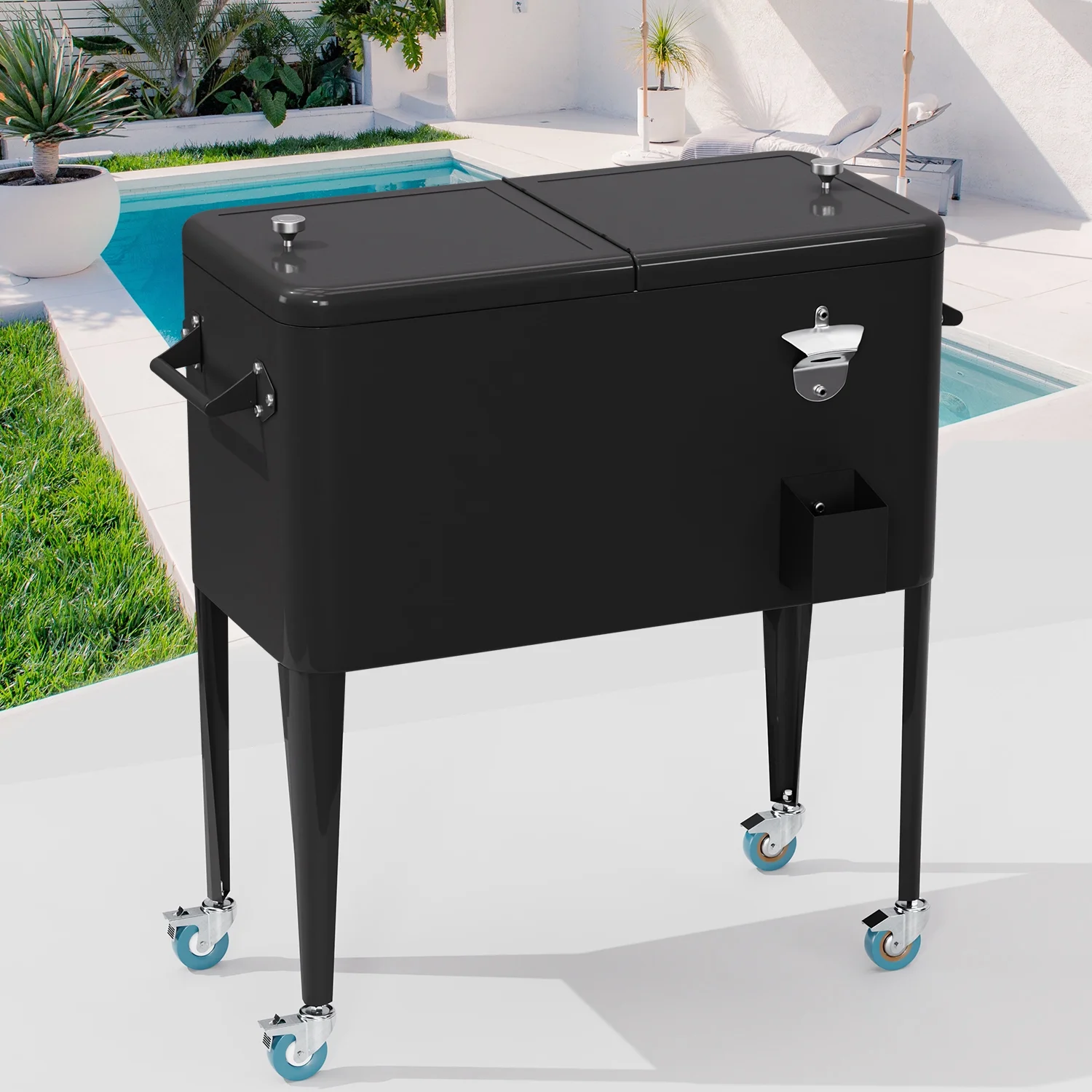 FDW 80 Quart Outdoor Cooler Cart Rolling Ice Cooler Ice Chest with Wheels Side Handles Bottle Opener Cap Catcher Portable Drink Cooler for Parties