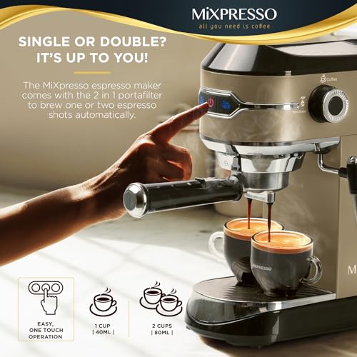 Mixpresso Professional Espresso Machine for Home 15 Bar with Milk Frother Steam Wand, Espresso Maker with Double-Cup Splitter 1450w Fast Heating