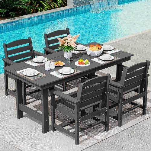 SERWALL Outdoor HDPE Dining Table Set, 7-Piece Outdoor Dining Table Sets with Umbrella Hole Cut-Out Table and 6 Chairs, Gray