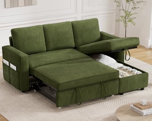 81" Sleeper Sofa Bed with Pull Out Bed, L Shaped Couch Sectional Sleeper Sofa, Pull Out Couch with Reversible Storage Chaise, Side Pockets