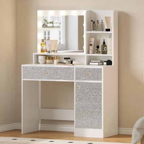 Vanity Desk with Mirror and Lights, Diamond Edition Vanity Desk, Makeup Vanity Table with 3 Drawers & 5 Open Shelves