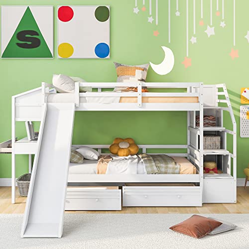 Full-Over-Full Castle Style Bunk Bed with 2 Drawers and 3 Shelves, Wood Bunk Bed Frame with Slide and Storage Staircase for Kids Teens Boys Girls