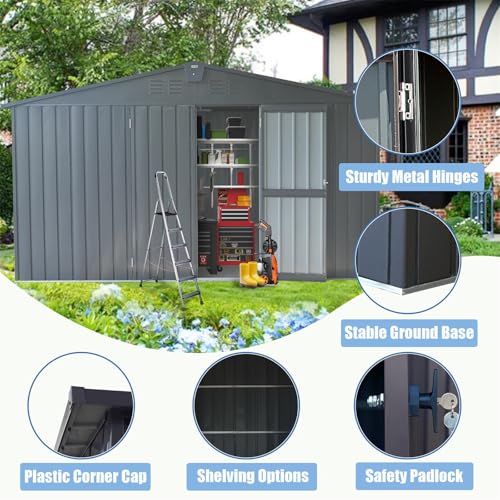 6x4 ft Small Outdoor Metal Storage Shed with Floor Frame & Lockable Door, Heightened Entry Garden Tool Shed for Backyard, Durable Galvanized Steel