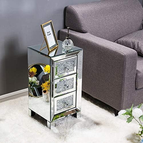 RUNFAYBIU Elegant Mirrored 3-Drawer Dresser with  Front Modern Silver Finish Bedroom Nightstand Stylish  Drawer Chest Organizer for Bedroom Living