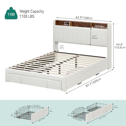 YITAHOME Queen Size Bed Frame, Storage Bed Frame with 4 Drawers & LED Light, Platform Bed with Storage Upholstered Headboard and Charging Station