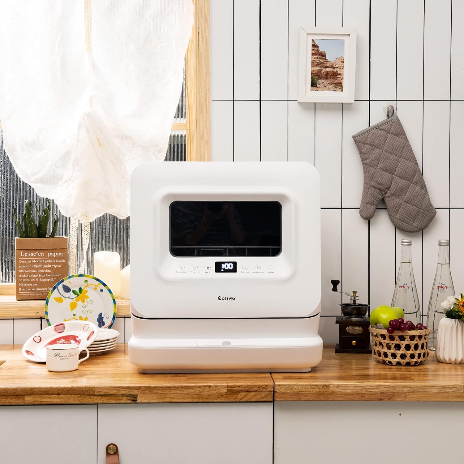 COSTWAY Portable Countertop Dishwasher, Compact Dishwasher with 7.5 L Built-in Water Tank, 360° Dual Spray Arms, 5 Washing Programs, Air-Dry Function