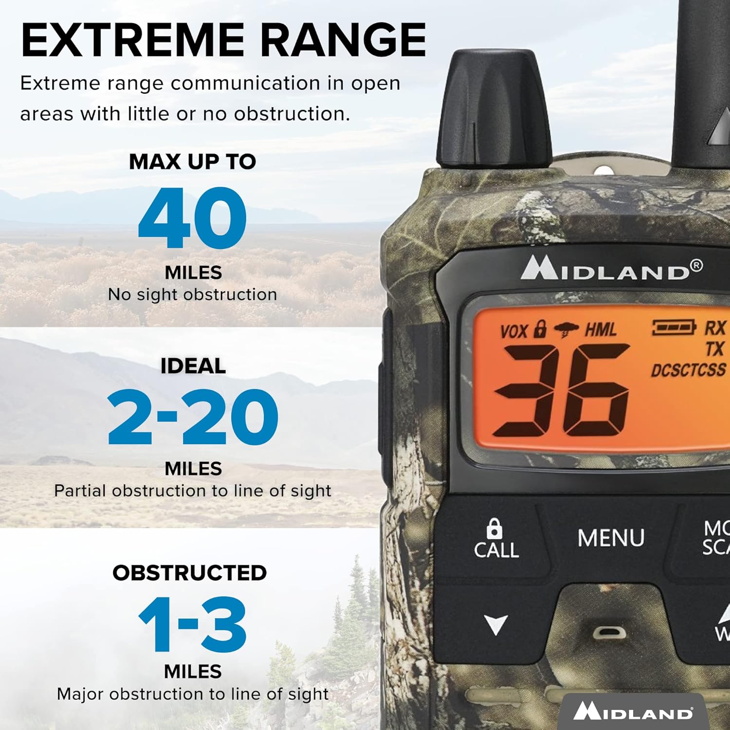 Midland T295VP4 X-TALKER GMRS Long Range Walkie Talkie - Two Way Radio with NOAA Weather Scan + Alert, and 121 Privacy Codes (Camo, 2 Radios)