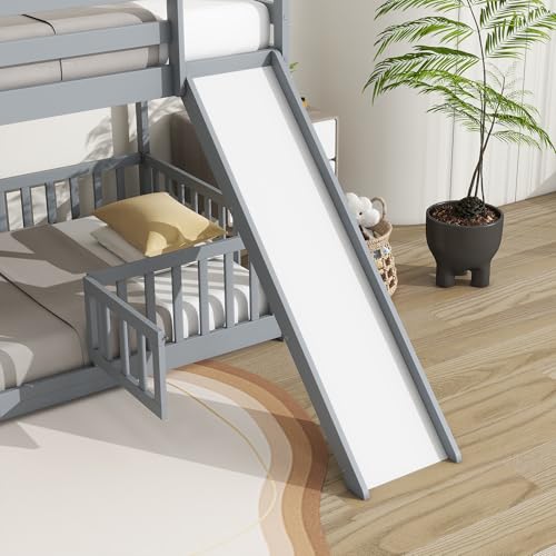 Bunk Beds Twin Over Full Size, Pine Solid Wooden Bunk Bed with Slide, Storage Staircase, Safety Guardrails for Kids, White