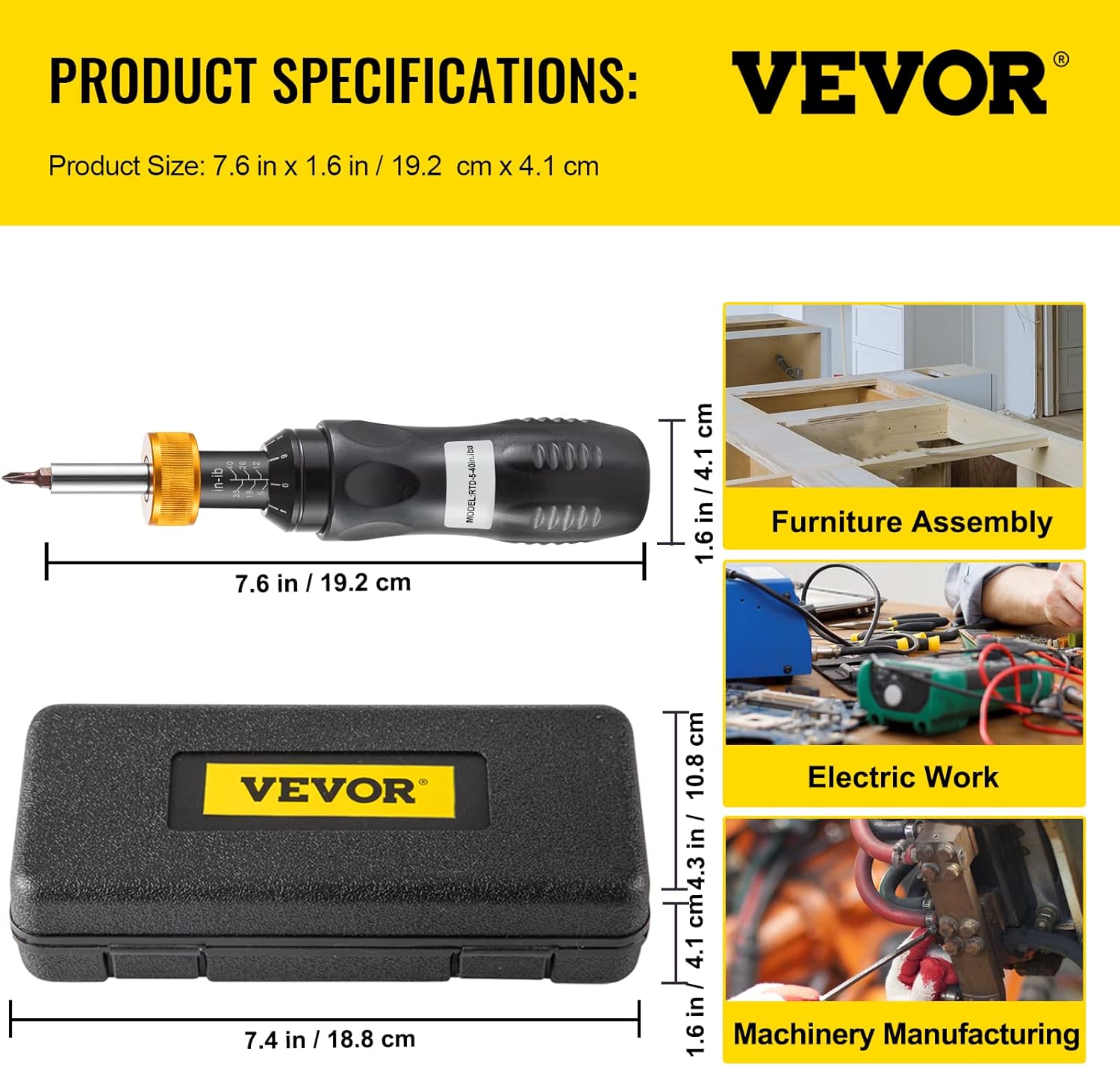 VEVOR Torque Screwdriver, 1/4 Drive Screwdriver Torque Wrench, Torque Screwdriver Electrician 5-40 in/lbs Torque Range Accurate to ±5%