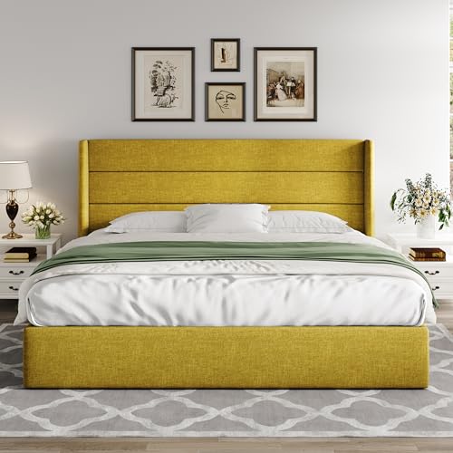 Allewie Full Size Lift Up Storage Bed, Modern Wingback Headboard, Hydraulic Support, No Box Spring Needed, Light Beige