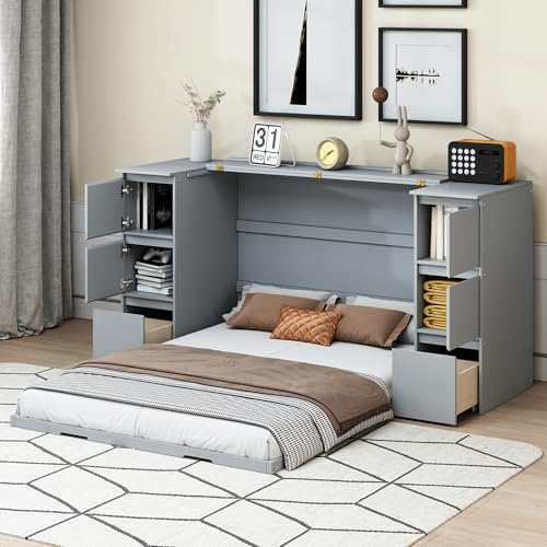 Twin Size Murphy Beds with Charging Station and Storage Drawers, Wood Cabinet Bed Frame, Wall Bed with Outlet & USB Ports for Home Office Studio