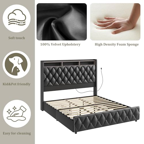 GarveeHome Queen Bed Frame with 50.8" Tall Headboard, Platform Velvet Upholstered Bed Frame with 4 Storage Drawers, USB Charging Station, Led Lights