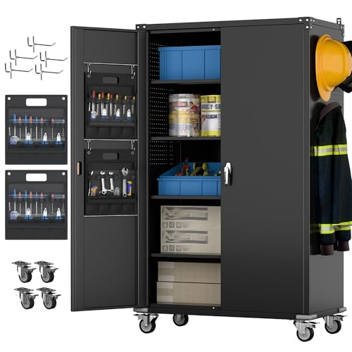 Aobabo 71" H×32" W×16" D Metal Storage Cabinet with Wheels, Garage Steel Storage Cabinet with 5 Adjustable Shelves and 4 Hooks for Home Office