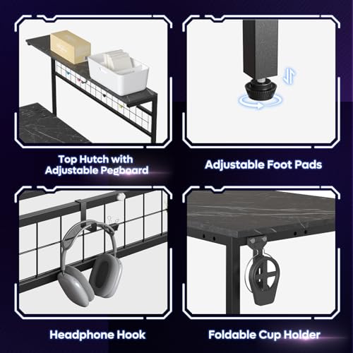 Bestier 42 L Gaming Desk,Computer Desk with Power Outlets, LED Lights, Reversible Corner Desk with 4-Tier Shelves,Cup Holder & Hook Carbon Fiber Black