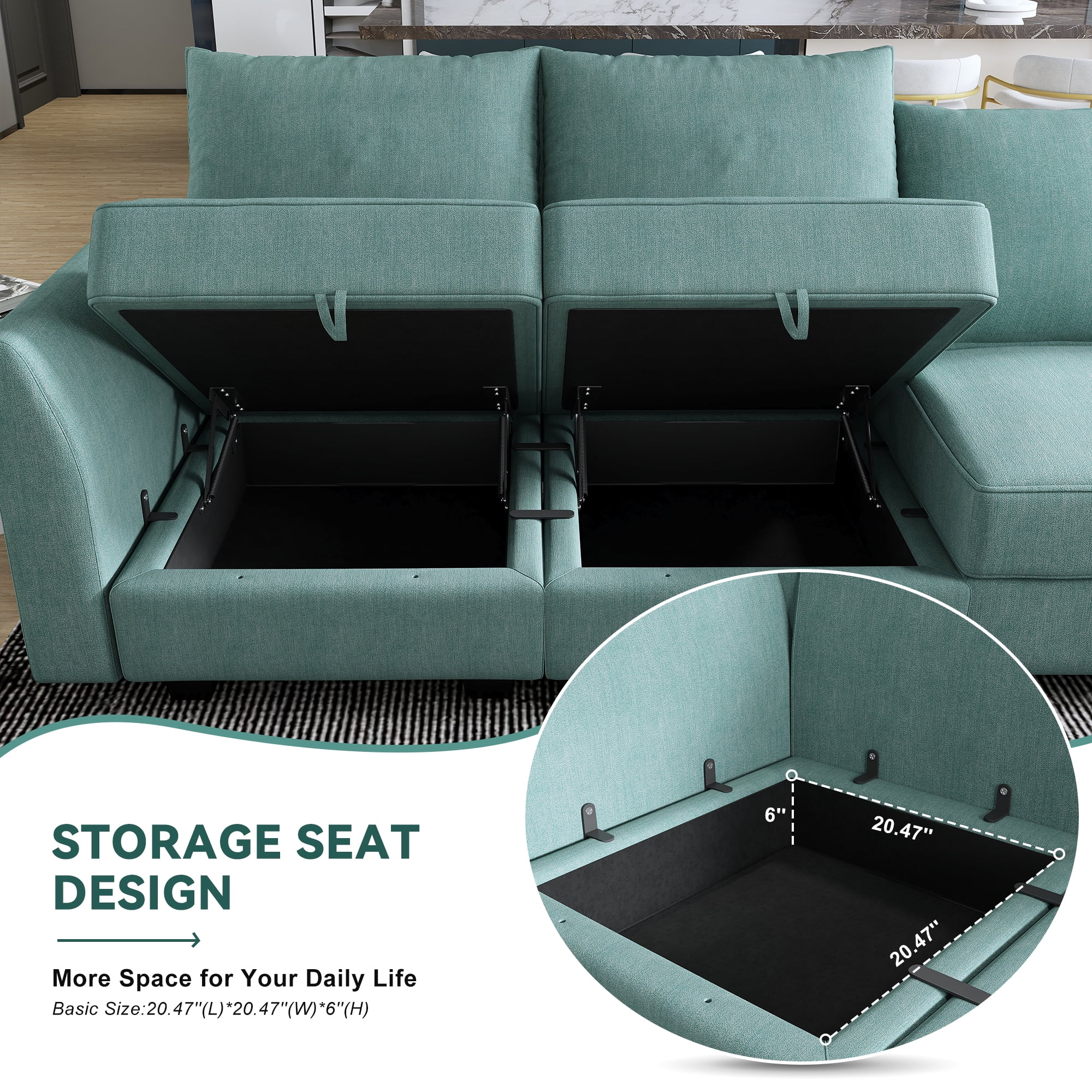 HONBAY Modern Convertible 6 Pieces Fabric Sleeper Sectional Couch Sofa Bed with Storage Ottomans, Aqua Blue - Curated Treasures Market