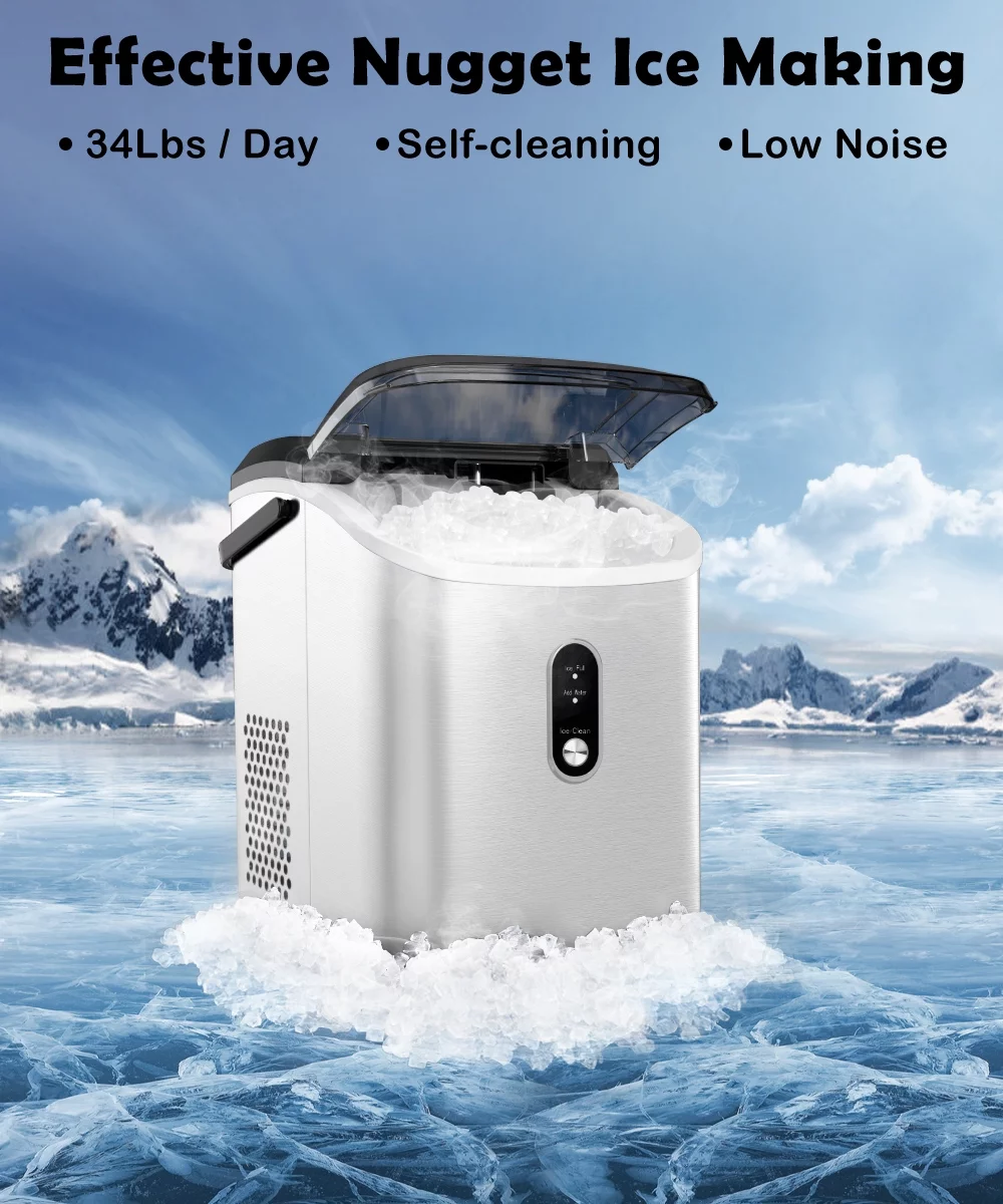 COWSAR 33lbs Countertop Nugget Ice Maker, Potable with Scoop,聽Soft Nugget Ice Ready in 10mins, Red