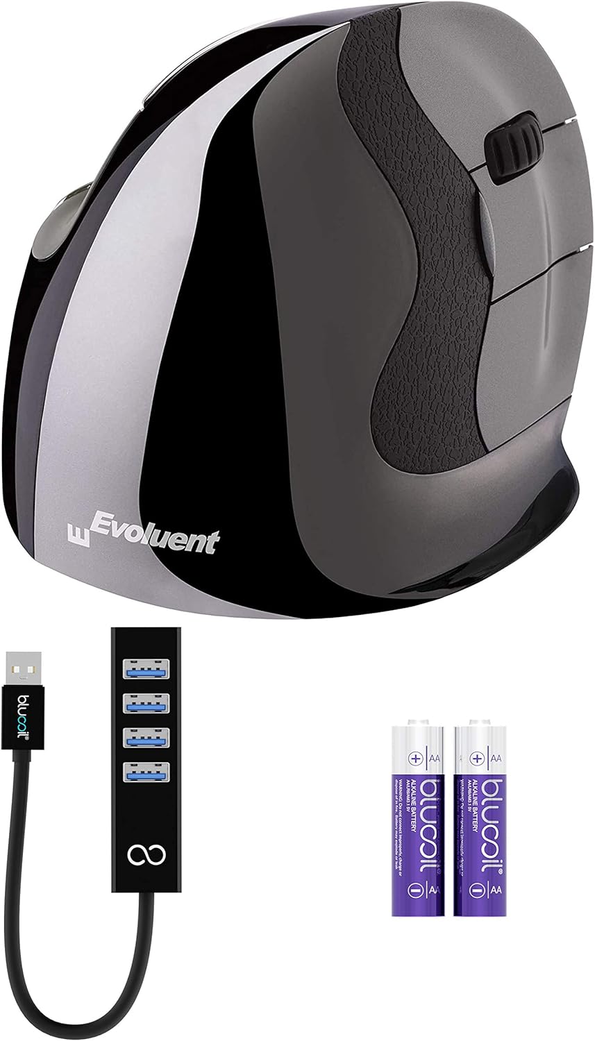 Evoluent VMDMW VerticalMouse D Medium Right Hand Ergonomic Mouse with Wireless USB Receiver (Medium Hand Size) Bundle with Blucoil 2 AA Batteries