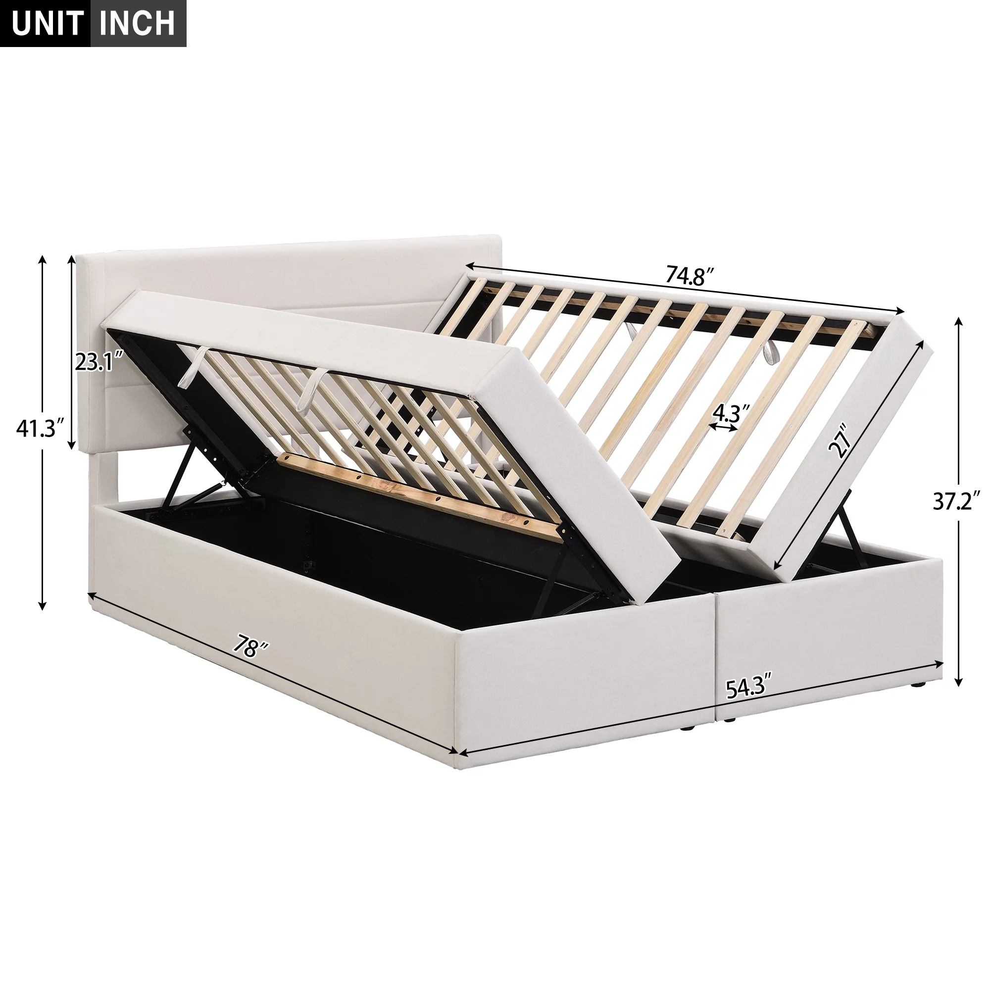 Euroco Full Size Lift-up Upholstery Platform Bed with Storage Underneath for Kids Teens Adults, Easy Open and Close for Storage, Beige