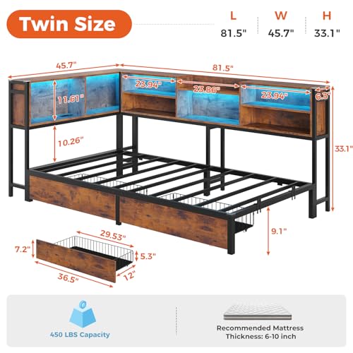 DICTAC Corner Twin Bed Frame with Bookcase Storage and Led Lights Metal Twin Size Platform Beds with Storage and Charging Station Twin Daybed with 2