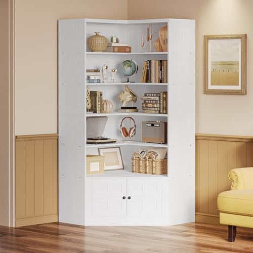 IRONCK 81" Corner Bookshelf with Door, 6 Tiers Lagre Bookshelves with Storage Rack, Tall Bookcase for Living Room Home Office, White