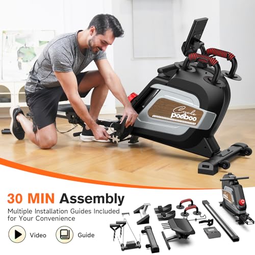 Pooboo Magnetic Rowing Machine 360 LB Weight Capacity, folding rower with Combination Strength exercise, Tablet Holder and Comfortable Seat Cushion