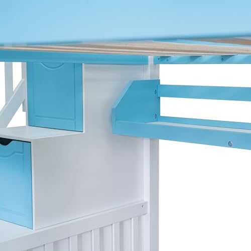 Full-Over-Full Castle Style Bunk Bed with 2 Drawers and 3 Shelves, Wood Bunk Bed Frame with Slide and Storage Staircase for Kids Teens Boys Girls