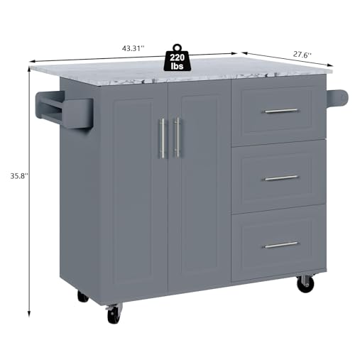 4 EVER WINNER Rolling Island with Storage and Drop Leaf, Marble Tabletop, Kitchen Carts on Wheels with Towel Rack & Spice Rack
