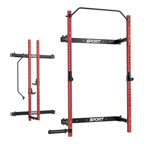 Folding Squat Rack for Home Gym, 2.36" x 2.36" Folding Power Rack with Pull Up Bar, J Hooks and Landmine Attachments