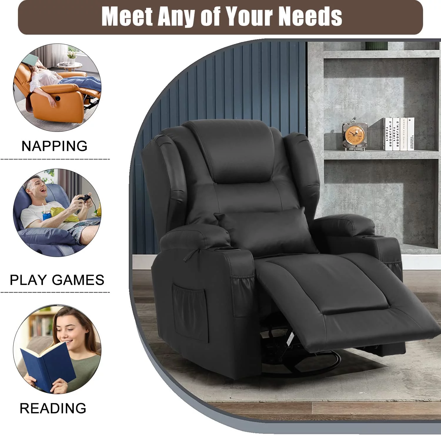 IPKIG Manual Recliner Chair, Faux Leather 360 Degree Swivel Rocker Recliner Chairs for Living Room