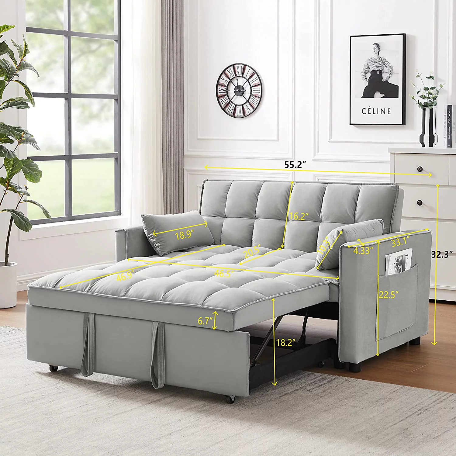 Pull Out Bed Sleeper Sofa Bed With Toss Pillows,Velvet Loveseat Futo Sofa Couch With Pockets